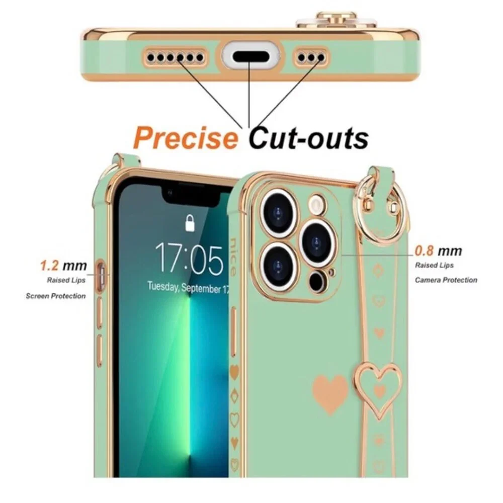 iPhone 13 Pro Mint Green & Gold Heart Phone Case with stand and ring attachments - Picture 3 of 9